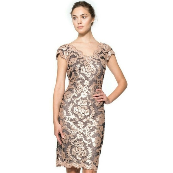Tadashi Shoji Black and Pink Floral Lace Paillette Embroidered Dress Size 10 - Picture 1 of 16